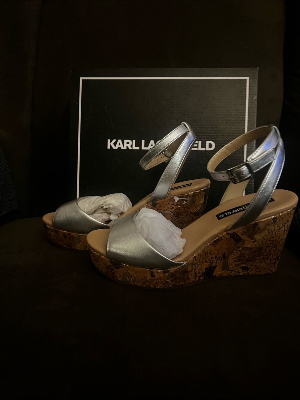 Karl Lagerfeld Metallic Silver Cork Wedge Sandals